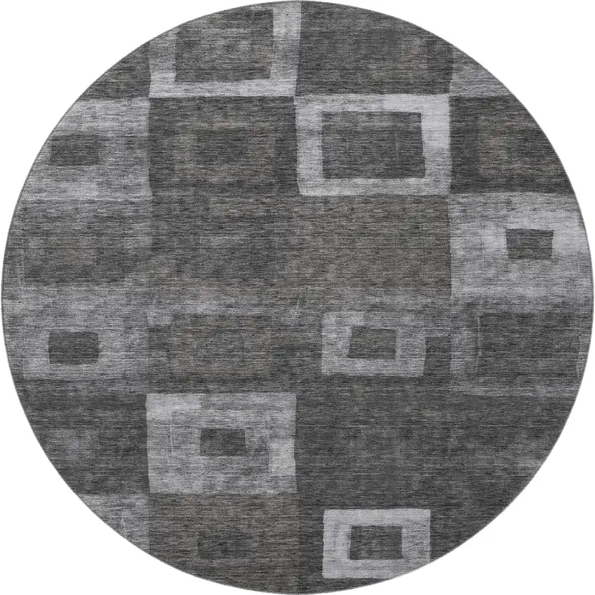 8' Black Silver And Gray Geometric Washable Round Rug With UV Protection Photo 2