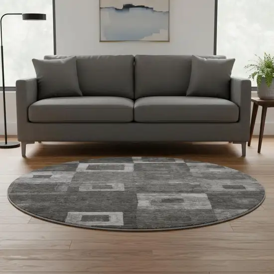 8' Black Silver And Gray Geometric Washable Round Rug With UV Protection Photo 2