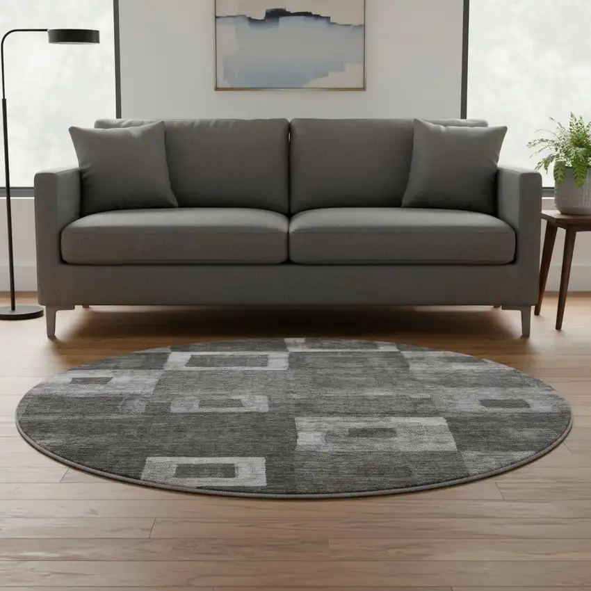 8' Black Silver And Gray Geometric Washable Round Rug With UV Protection Photo 2