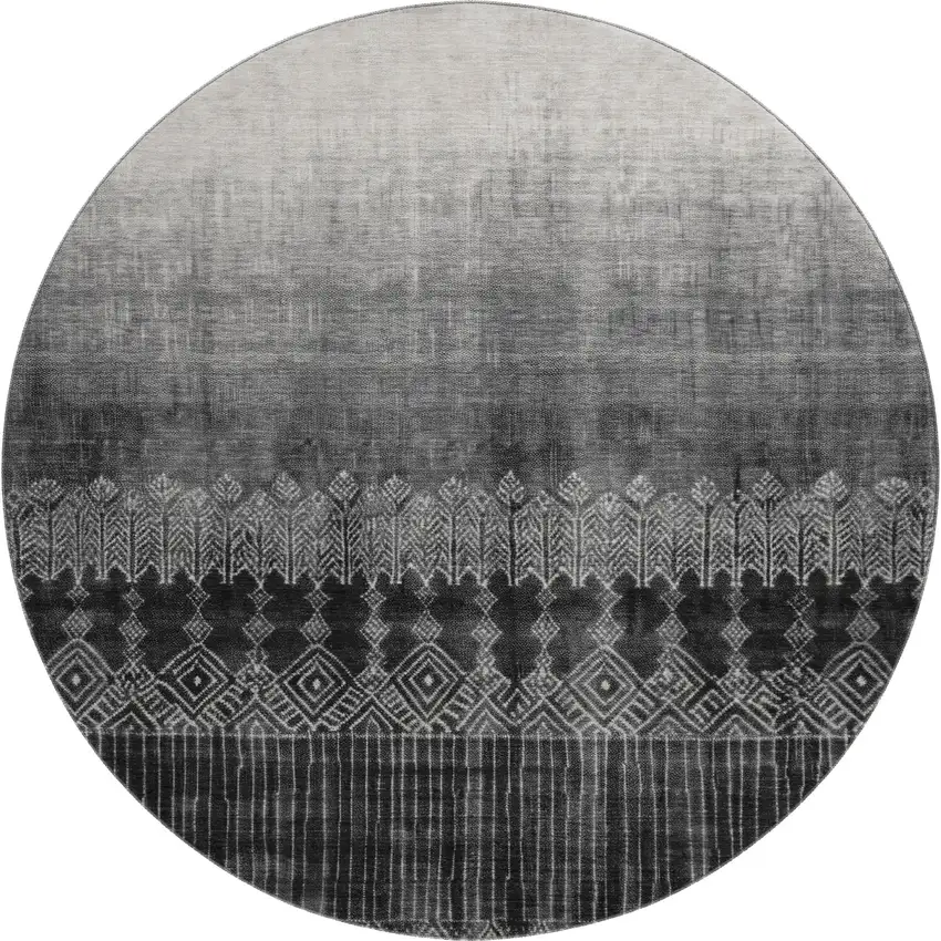 8' Black Silver And Gray Ombre Washable Round Rug With UV Protection Photo 1