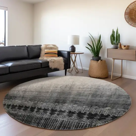 8' Black Silver And Gray Ombre Washable Round Rug With UV Protection Photo 4