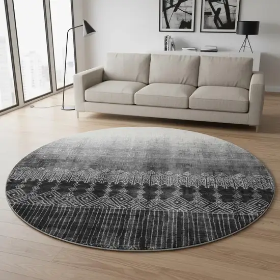 8' Black Silver And Gray Ombre Washable Round Rug With UV Protection Photo 2