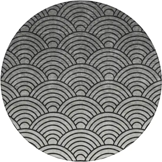 8' Black Silver And Gray Round Geometric Washable Indoor Outdoor Area Rug Photo 1