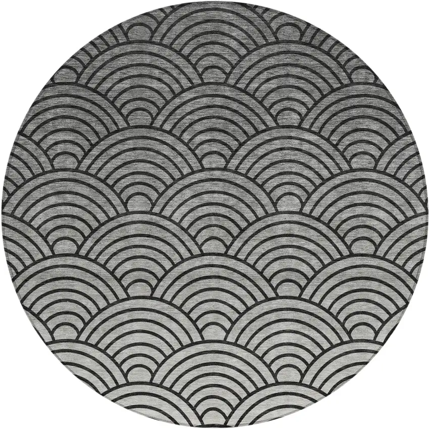 8' Black Silver And Gray Round Geometric Washable Indoor Outdoor Area Rug Photo 1