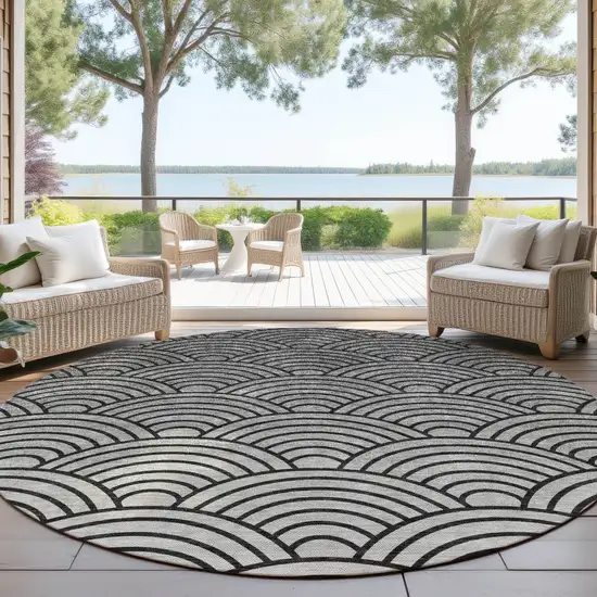 8' Black Silver And Gray Round Geometric Washable Indoor Outdoor Area Rug Photo 4