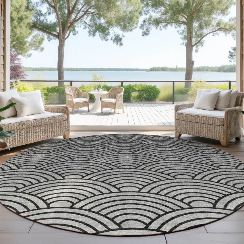 8' Black Silver And Gray Round Geometric Washable Indoor Outdoor Area Rug Photo 4