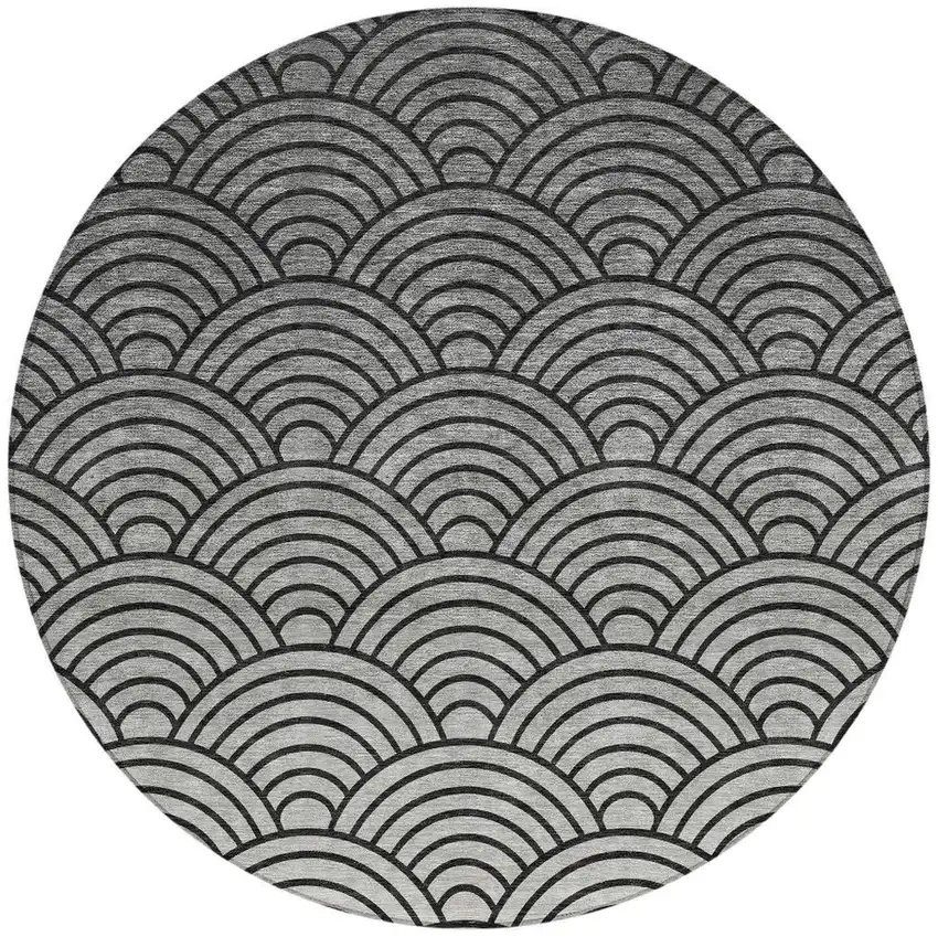 8' Black Silver And Gray Round Geometric Washable Indoor Outdoor Area Rug Photo 3