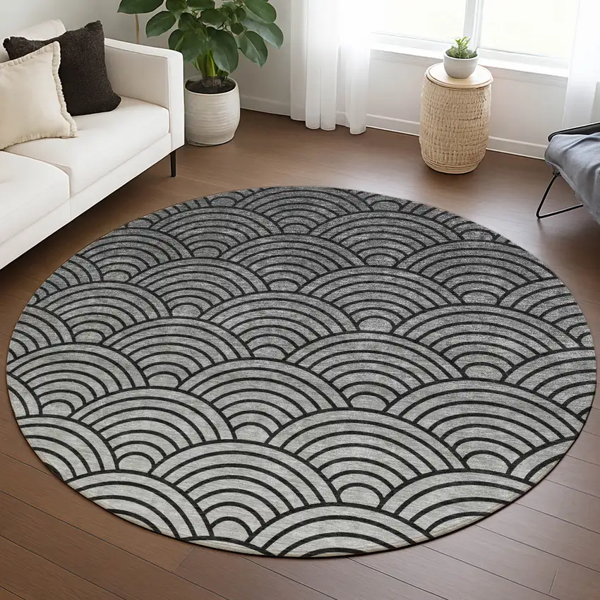 8' Black Silver And Gray Round Geometric Washable Indoor Outdoor Area Rug Photo 5