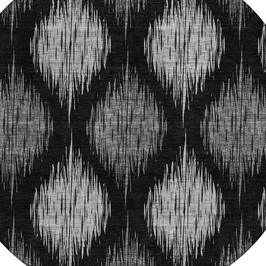 8' Black Silver And Gray Round Ikat Washable Indoor Outdoor Area Rug Photo 4