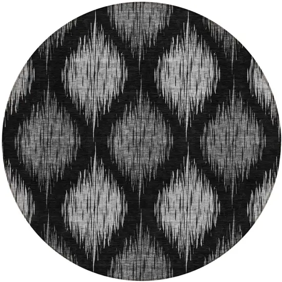 8' Black Silver And Gray Round Ikat Washable Indoor Outdoor Area Rug Photo 2