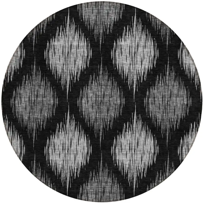 8' Black Silver And Gray Round Ikat Washable Indoor Outdoor Area Rug Photo 2