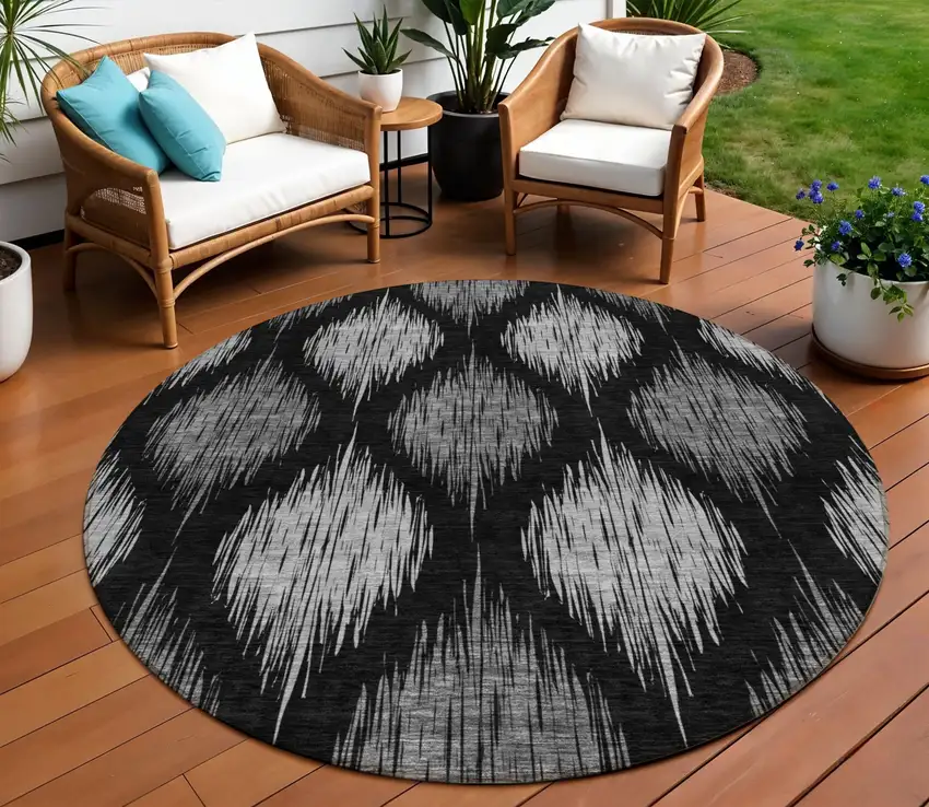8' Black Silver And Gray Round Ikat Washable Indoor Outdoor Area Rug Photo 1