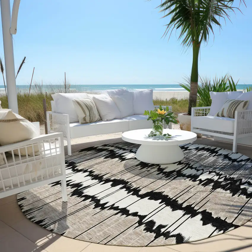 8' Black Silver And Gray Round Striped Washable Indoor Outdoor Area Rug Photo 6