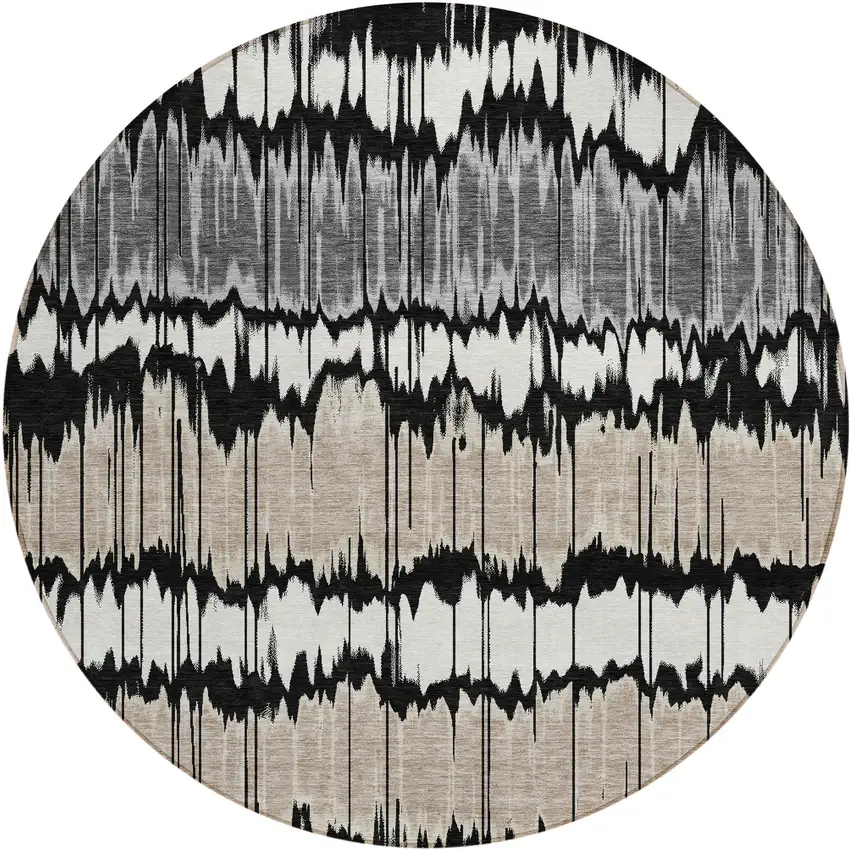 8' Black Silver And Gray Round Striped Washable Indoor Outdoor Area Rug Photo 1