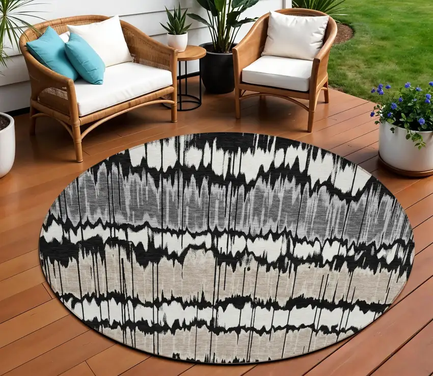 8' Black Silver And Gray Round Striped Washable Indoor Outdoor Area Rug Photo 1