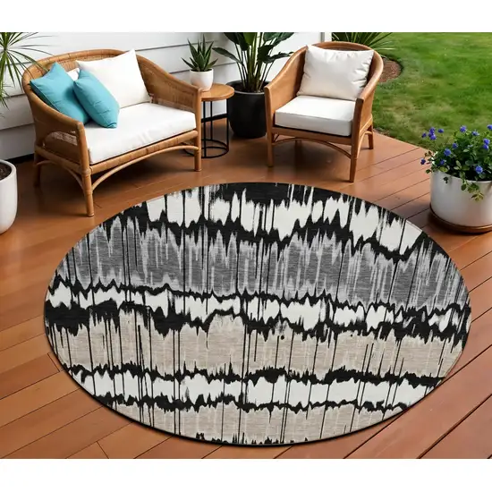 8' Black Silver And Gray Round Striped Washable Indoor Outdoor Area Rug Photo 1