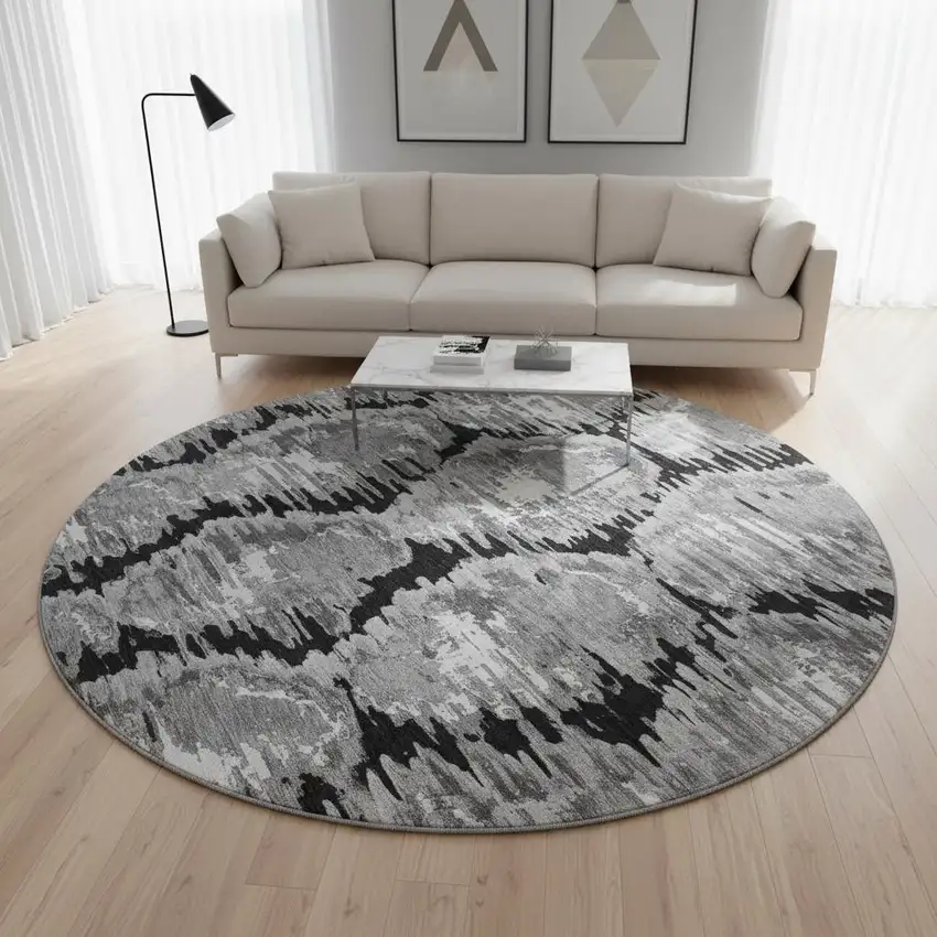 8' Black Silver And Ivory Diamond Washable Round Rug With UV Protection Photo 2