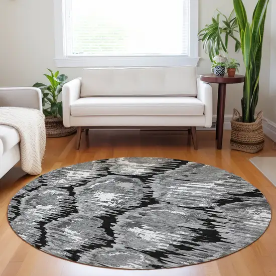 8' Black Silver And Ivory Diamond Washable Round Rug With UV Protection Photo 5