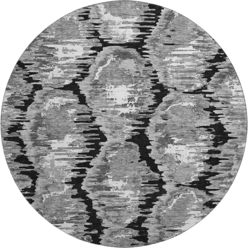 8' Black Silver And Ivory Diamond Washable Round Rug With UV Protection Photo 1