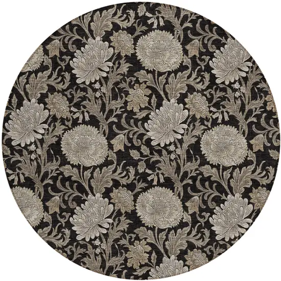 8' Black Taupe And Beige Round Floral Washable Indoor Outdoor Area Rug Photo 2