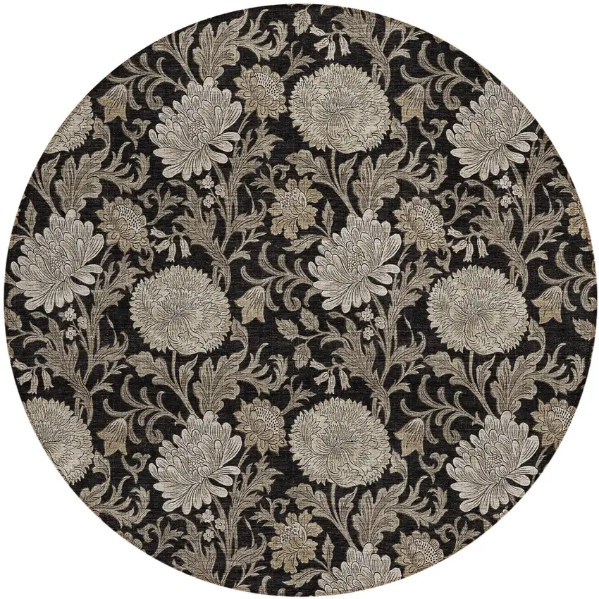 8' Black Taupe And Beige Round Floral Washable Indoor Outdoor Area Rug Photo 2