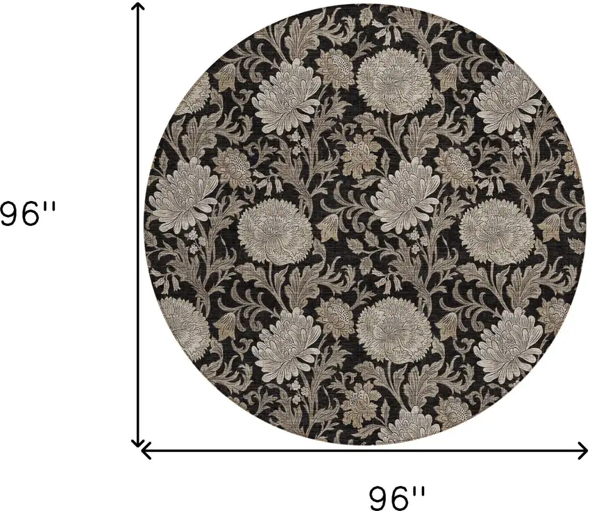 8' Black Taupe And Beige Round Floral Washable Indoor Outdoor Area Rug Photo 3