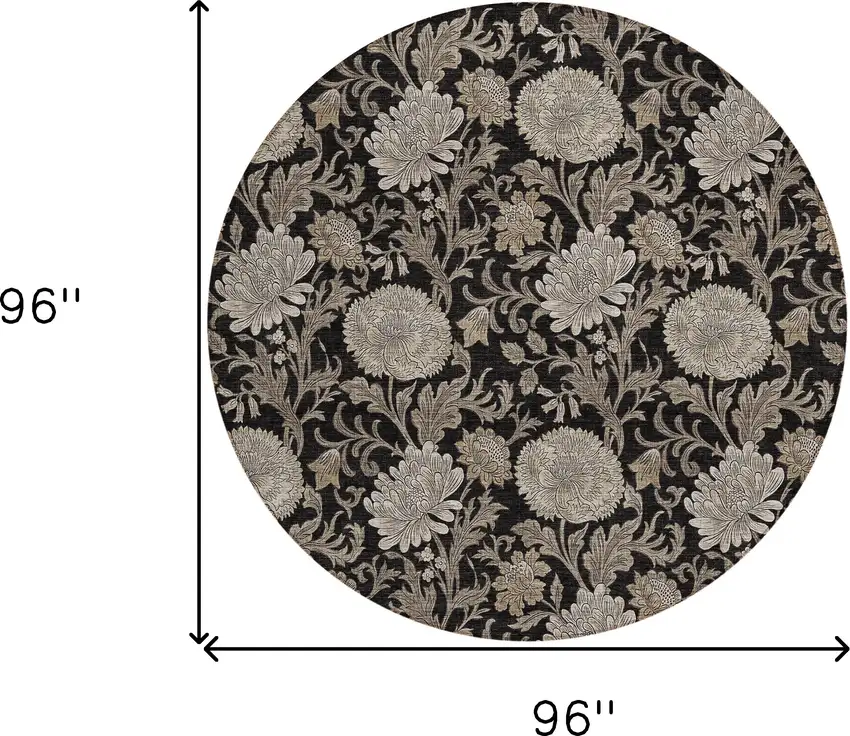 8' Black Taupe And Beige Round Floral Washable Indoor Outdoor Area Rug Photo 3