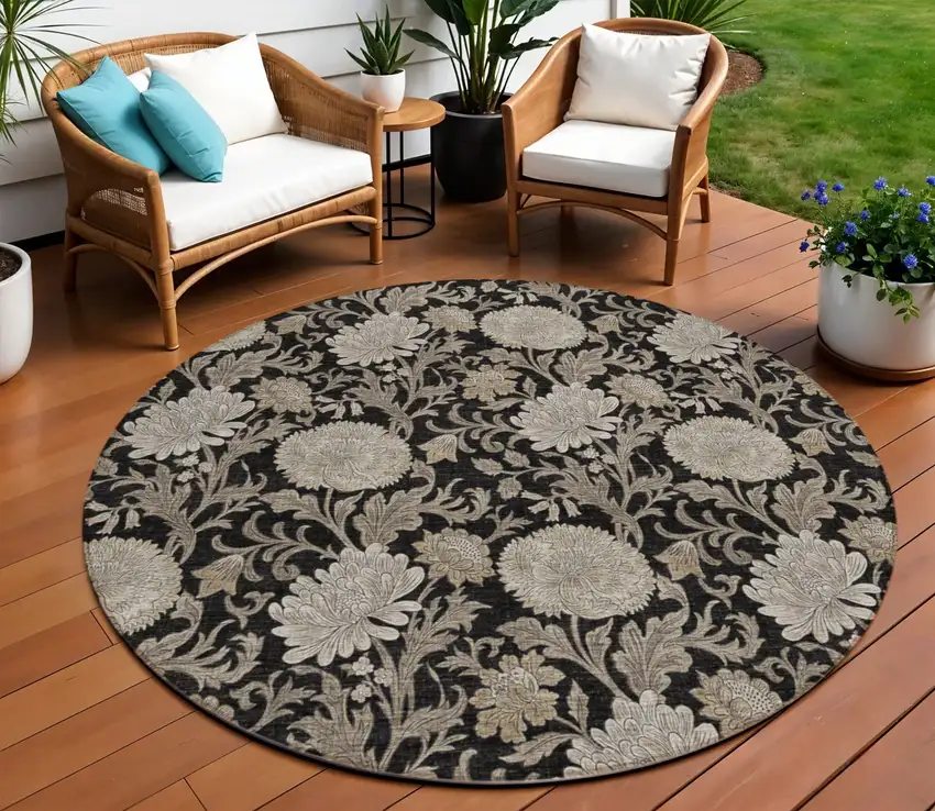 8' Black Taupe And Beige Round Floral Washable Indoor Outdoor Area Rug Photo 1