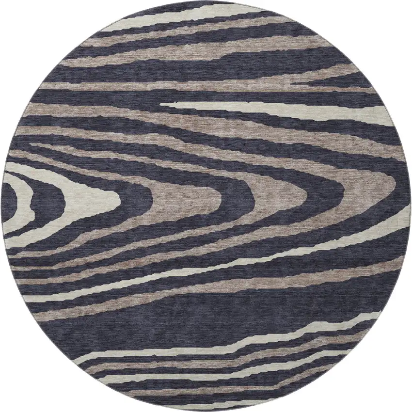 8' Black Taupe And Beige Woodland Lodge Washable Round Rug With UV Protection Photo 3