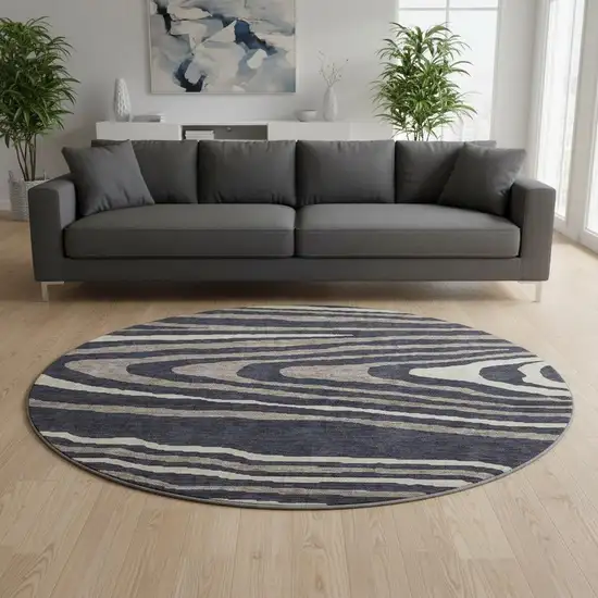 8' Black Taupe And Beige Woodland Lodge Washable Round Rug With UV Protection Photo 2