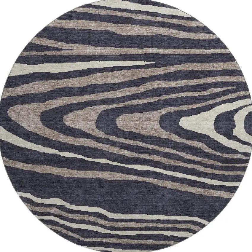 8' Black Taupe And Beige Woodland Lodge Washable Round Rug With UV Protection Photo 2