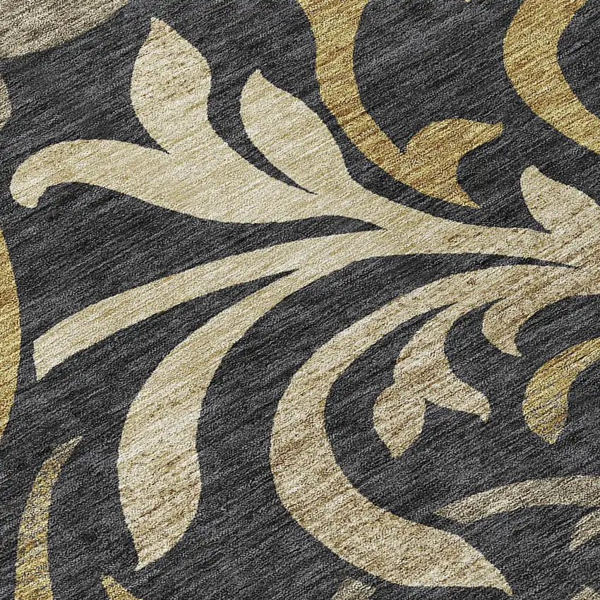 8' Black Taupe And Gold Round Floral Washable Indoor Outdoor Area Rug Photo 9