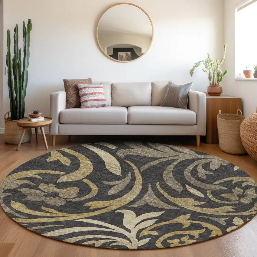 8' Black Taupe And Gold Round Floral Washable Indoor Outdoor Area Rug Photo 7