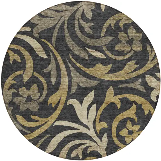 8' Black Taupe And Gold Round Floral Washable Indoor Outdoor Area Rug Photo 1