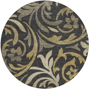 Photo of 8' Black Taupe And Gold Round Floral Washable Indoor Outdoor Area Rug