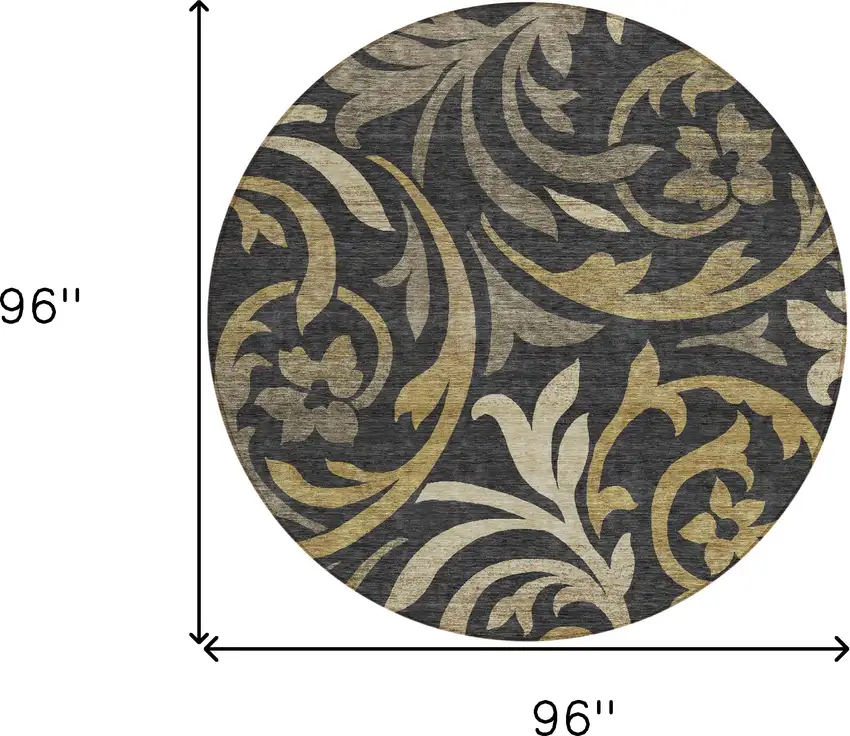 8' Black Taupe And Gold Round Floral Washable Indoor Outdoor Area Rug Photo 8