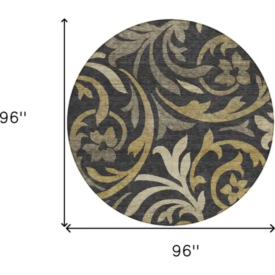 8' Black Taupe And Gold Round Floral Washable Indoor Outdoor Area Rug Photo 8