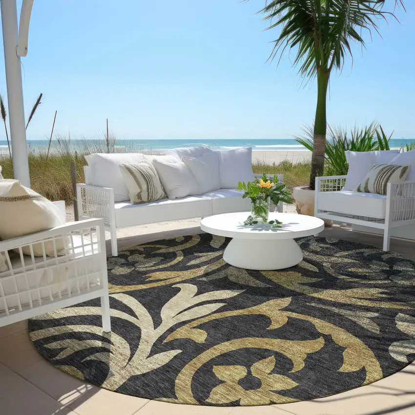8' Black Taupe And Gold Round Floral Washable Indoor Outdoor Area Rug Photo 6
