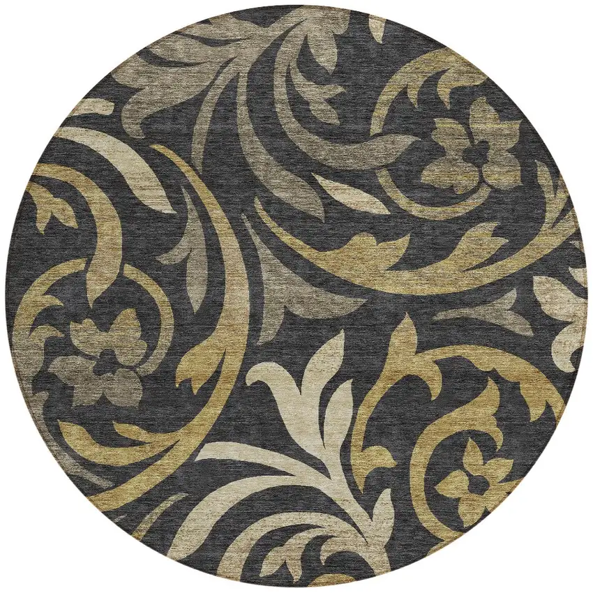 8' Black Taupe And Gold Round Floral Washable Indoor Outdoor Area Rug Photo 4