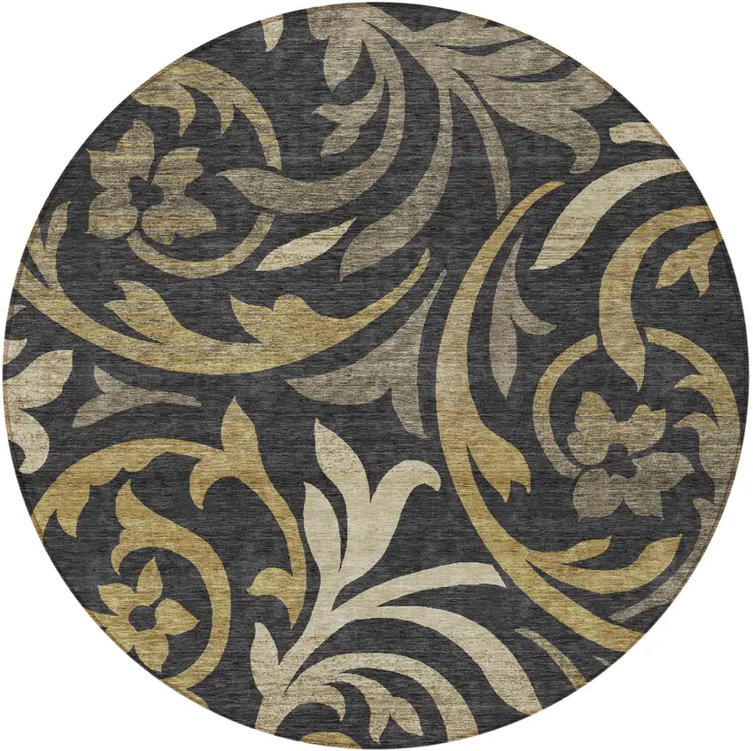 8' Black Taupe And Gold Round Floral Washable Indoor Outdoor Area Rug Photo 5
