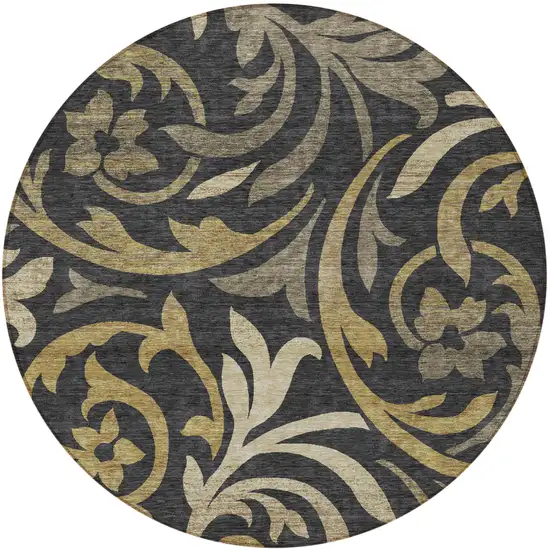 8' Black Taupe And Gold Round Floral Washable Indoor Outdoor Area Rug Photo 5