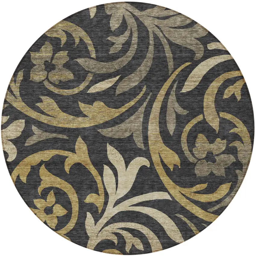 8' Black Taupe And Gold Round Floral Washable Indoor Outdoor Area Rug Photo 5