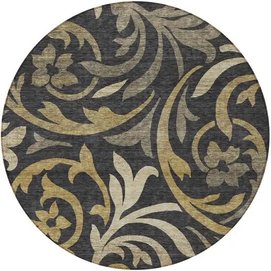 8' Black Taupe And Gold Round Floral Washable Indoor Outdoor Area Rug Photo 5