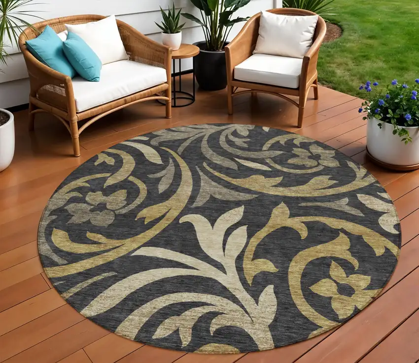 8' Black Taupe And Gold Round Floral Washable Indoor Outdoor Area Rug Photo 1