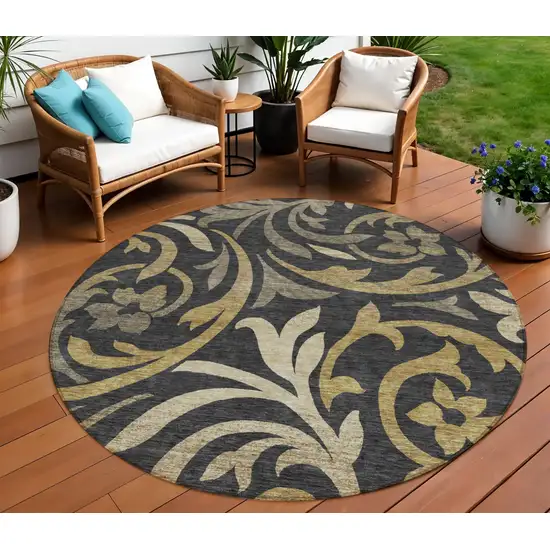 8' Black Taupe And Gold Round Floral Washable Indoor Outdoor Area Rug Photo 1