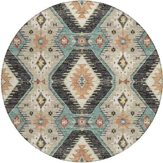 8' Black Teal Blue And Beige Round Moroccan Washable Indoor Outdoor Area Rug Photo 3