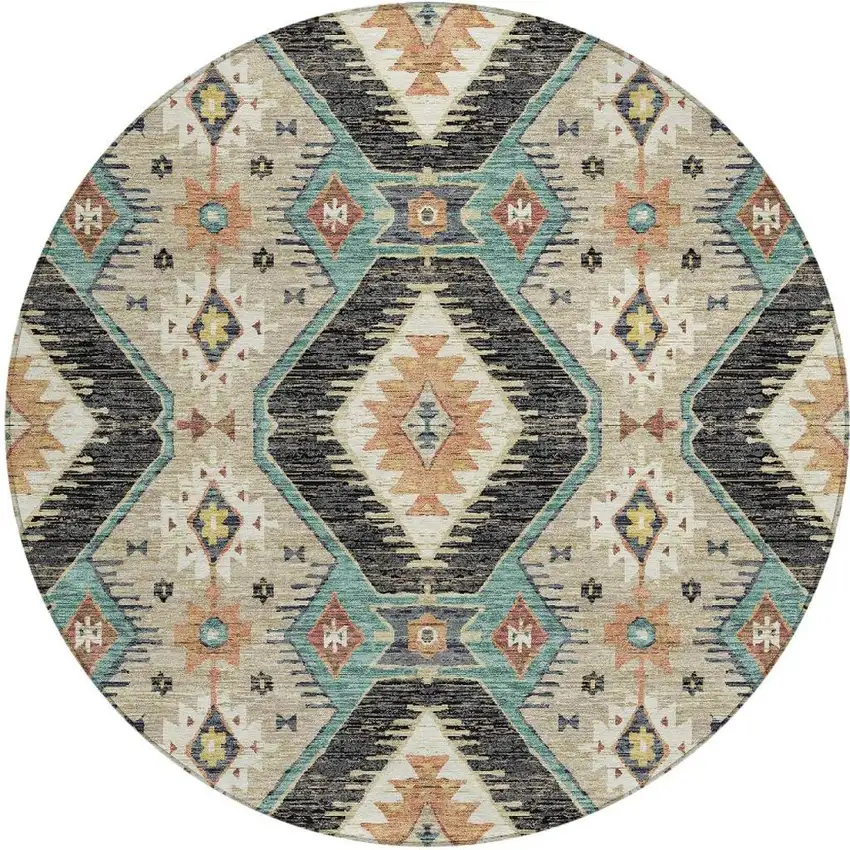 8' Black Teal Blue And Beige Round Moroccan Washable Indoor Outdoor Area Rug Photo 3