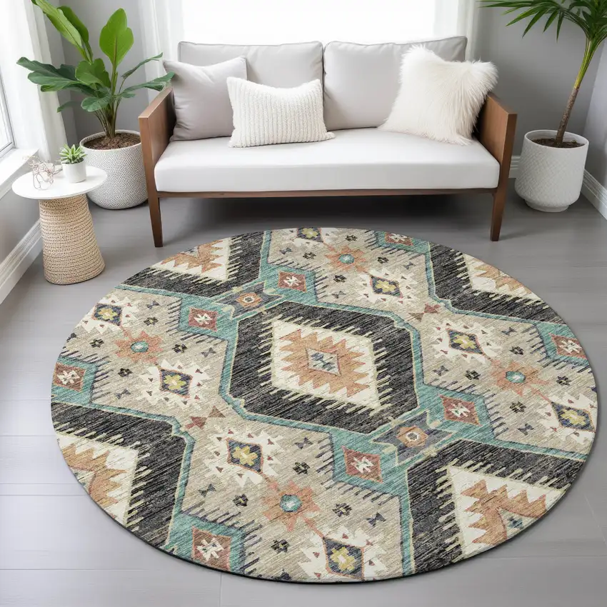 8' Black Teal Blue And Beige Round Moroccan Washable Indoor Outdoor Area Rug Photo 8