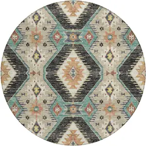 Photo of 8' Black Teal Blue And Beige Round Moroccan Washable Indoor Outdoor Area Rug