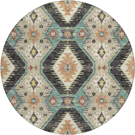 8' Black Teal Blue And Beige Round Moroccan Washable Indoor Outdoor Area Rug Photo 1